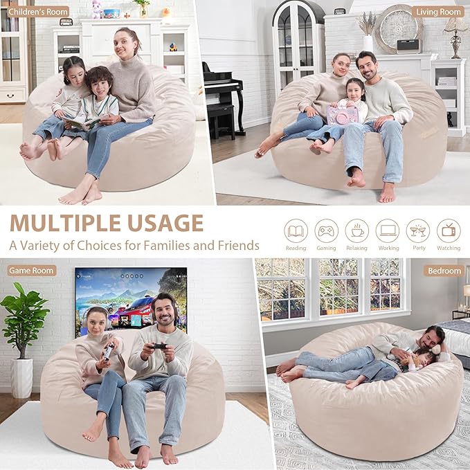 5FT Bean Bag Chair, Large Bean Bag Chairs with Memory Foam Filled, Fluffy Beanbag Sofa with Dutch Velvet Cover, Round BeanBag Chairs for Living Room, Playroom - Beige-CubbioJoy
