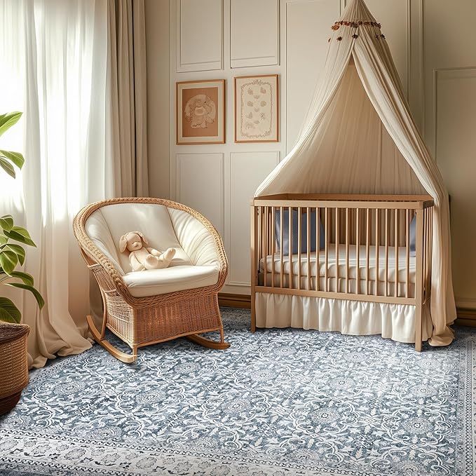 jinchan Floral 5x7 Area Rugs for Bedroom - Machine Washable Vintage Distressed Boho Design Throw Rug Stain Resistant Carpet Low-Pile Thin Non-Slip for Nursery Living Room Dining Room (5‘x7',Grey)-CubbioJoy