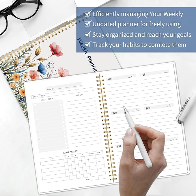 Undated Weekly Planner, Weekly To Do List Notebook with Goal & Habit Tracker Organizer, A5 5.8" x 8.0" Weekly Planner Notebook with Spiral Binding for Men or Women-CubbioJoy