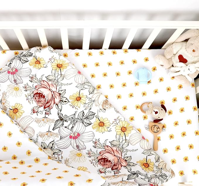4-Piece Crib Bedding Set for Girls, Boho Baby Girl Bedding Set with Crib Skirt, Baby Quilt, Crib Sheet and Diaper Stacker, Flower-CubbioJoy