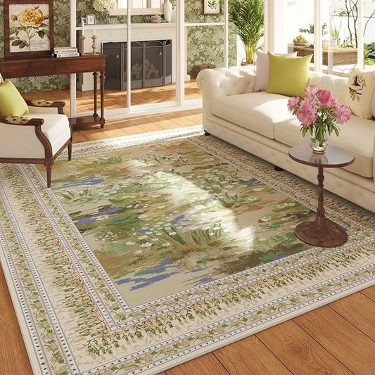 5x7 Area Rugs Impressionist-Style Vintage Washable Area Rug Non Slip Low Pile Large Rugs for Living Room Bedroom Farmhouse Dining Room Kids Playroom, Beige-CubbioJoy
