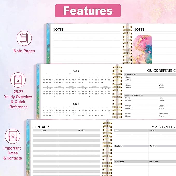 SUNEE Academic Planner 2025-2026 Weekly and Monthly - from July 2025 to June 2026, 6.4"x8.3" School Year Calendar Daily Planner with Monthly Tab, Flexible Cover, Note Pages, Spiral Binding, Marble-CubbioJoy