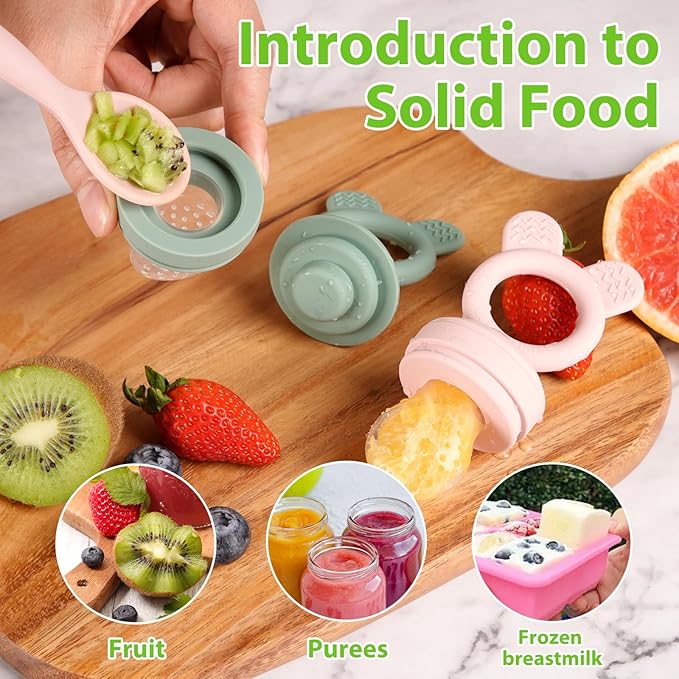 Bessentials Baby Fresh Fruit Food Feeder - 2 Pack Silicone Mesh Feeders for Infant Safe Self Feeding |3 Sizes Food Pouches Included| Suitable for Baby 4m+ (Light Pink & Grass Green)-CubbioJoy