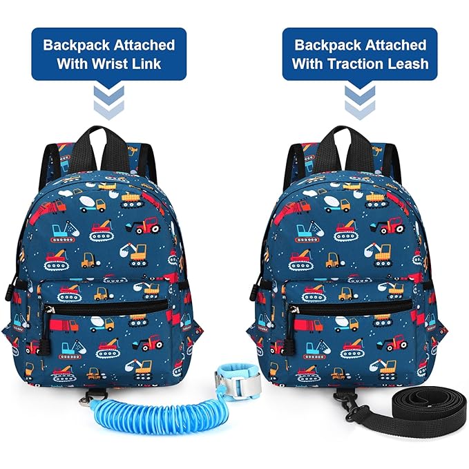 Accmor Toddler Backpack with Leash, Cute Baby Backpack with Anti Lost Wrist Link, Mini Kids Backpack Leash Walking Harness for Travel, Adjustable Excavator Backpack Tether for Boys Girls Ages 1-3-CubbioJoy