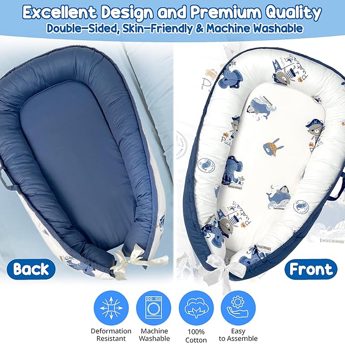 Baby Lounger - Baby Lounger for Newborn 0-24 Months, Breathable, Soft Cotton Baby Nest, Portable Infant Lounger for Home & Travel, Newborn Essentials Gift (Blue Elephant)-CubbioJoy