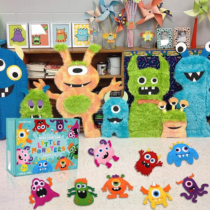 CiyvoLyeen Little Monsters Sewing Craft Kit for Children Adopt A Monster Felt Plush DIY Sewing Art Kids Educational Toys Monster Bash Craft Gift for Beginners Set of 8-CubbioJoy