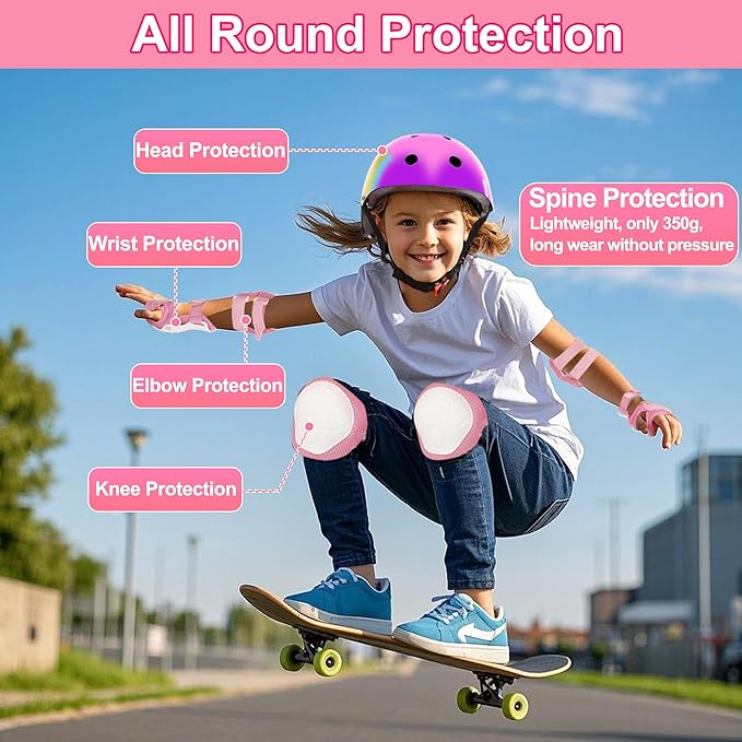 Kids Bike Helmet with DIY Stickers and Knee Pads Elbow Pads Wrist Guard Set for Ages 3-8-14 Toddler Boys Girls Helmet for Roller Skates Cycling Skateboarding Bicycle Scooter-CubbioJoy