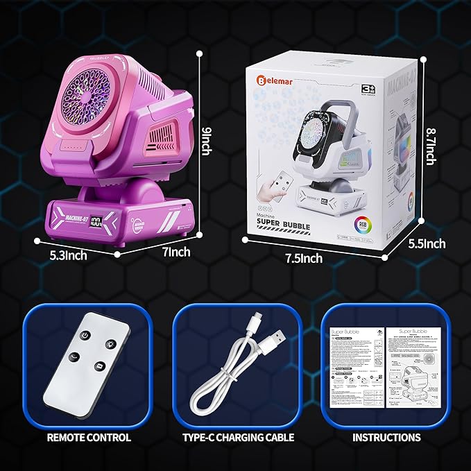 2025 Upgraded Bubble Machine with Remote Control, Automatic Rotation & RGB Lights, 1800mAh Rechargeable Battery, Type-C Charge, Bubble Maker for Kids, Weddings, Birthday Parties, Outdoor Activities-CubbioJoy