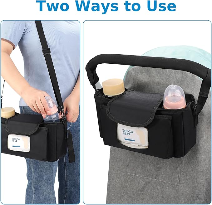 Accmor Universal Stroller Organizer with Insulated Cup Holder and Shoulder Strap, Stroller Caddy Bag Stroller Cup Holder Attachment for Uppababy, Baby Jogger, Britax Strollers, Black-CubbioJoy