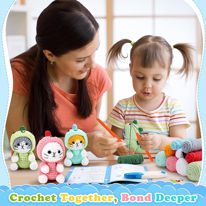 Crochet Kit for Beginners - 3 PCS Dinosaur Cat Crochet Kits with Step-by-Step Video Tutorials, Beginner Crochet Kit for Adults Kid, Crochet Animal Kit for Starters, Cat Dressed as Dinosaur Crochet Set-CubbioJoy