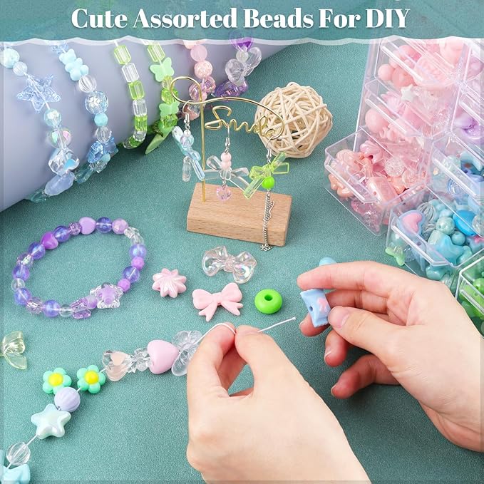 Assorted 180-240PCS Acrylic Beads for Bracelet Making, Flower Bow Butterfly Candy GummyBear Aesthetic Bracelet Charms,Cute Beads for Jewelry Making DIY Necklace Keychain Phone Charm-CubbioJoy