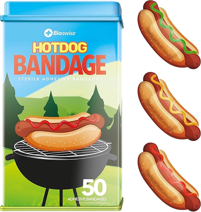 BioSwiss Bandages, Hot Dog Shaped Self Adhesive Bandage, Latex Free Sterile Wound Care, Fun First Aid Kit Supplies for Kids, 50 Count-CubbioJoy