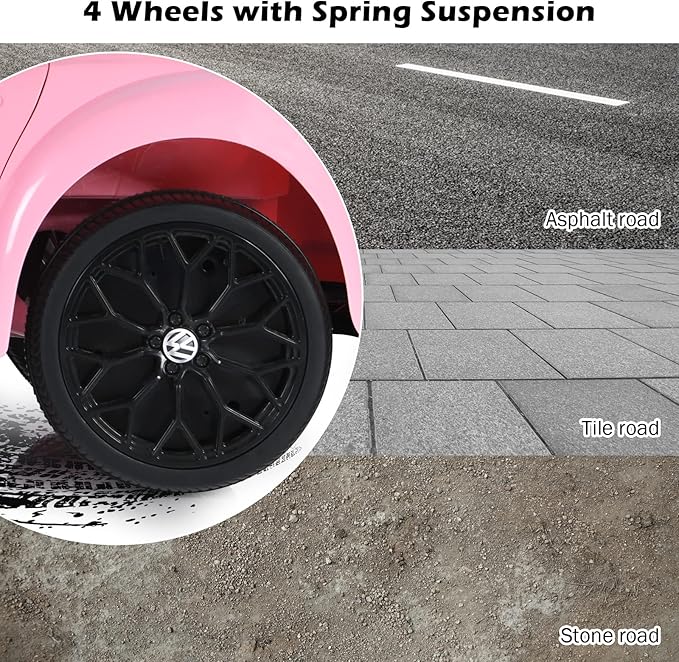 Costzon Ride on Car, 12V Licensed Volkswagen Beetle Battery Powered Vehicle w/Remote Control, Spring Suspension, Lights, USB, Horn, Music, 4 Wheeler for Boy Girl Gift, Electric Car for Kids, Pink-CubbioJoy