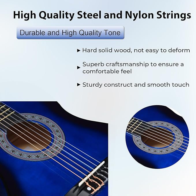ADM Beginner Acoustic Classical Guitar 38 Inch Nylon Strings Wooden Guitar Bundle Kit for Kid Boy Girl Student Youth Guitarra Online Lessons with Gig Bag, Strap, Tuner, Strings, Blue-CubbioJoy