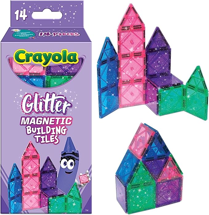 CreateOn Crayola Magnetic Tiles, Building Set for Kids, Magnetic Toys for Kids, Travel Toys, Classroom Sensory Toy Blocks, STEM & Montessori Tools for Boys & Girls Ages 3+, 14-Piece Set (Glitter)-CubbioJoy