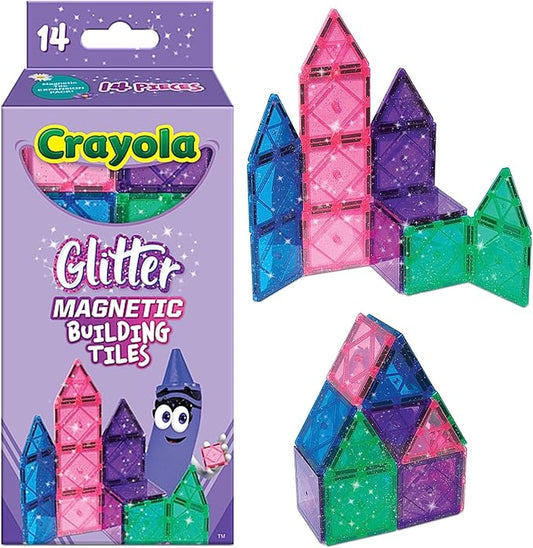 CreateOn Crayola Magnetic Tiles, Building Set for Kids, Magnetic Toys for Kids, Travel Toys, Classroom Sensory Toy Blocks, STEM & Montessori Tools for Boys & Girls Ages 3+, 14-Piece Set (Glitter)-CubbioJoy