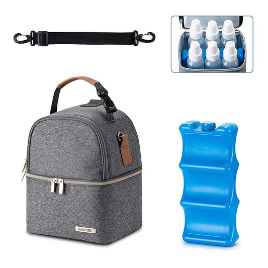 Breastmilk Cooler Bag with Ice Pack Fits 6 Baby Bottles up to 9 Ounce, Breast Milk Pump Cooler Bag with Shoulder Strap for Nursing Mom Daycare, Work, Travel- Dark Grey-CubbioJoy