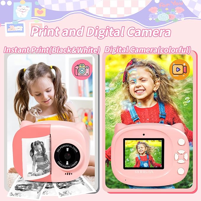 Instant Print Camera Toy for Kids, Girls Birthday Gifts for 3 4 5 6 7 8 Year Old Learning Music Story Player, 1080P HD Dual-Lens Creative Instant Camera (Pink)-CubbioJoy
