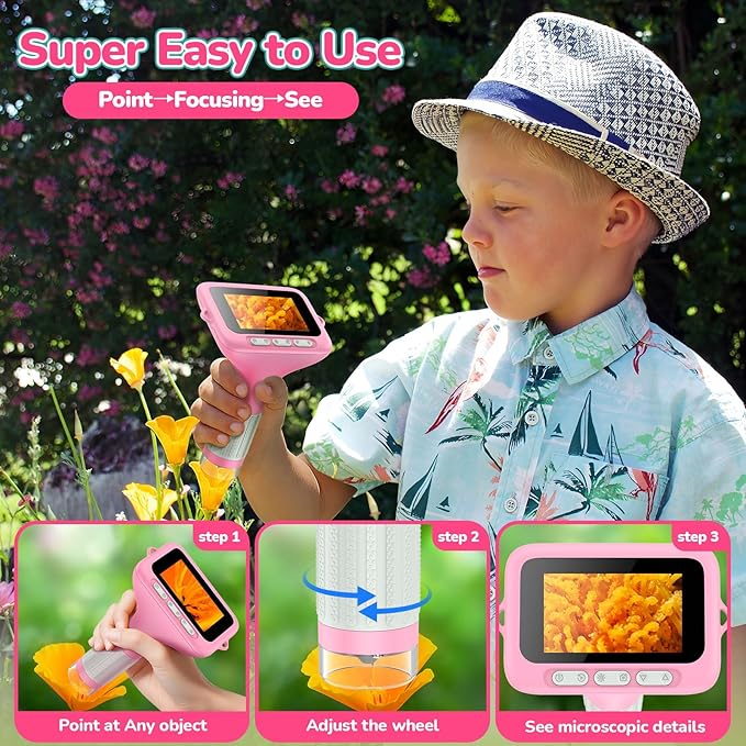 3" Screen Digital Microscope for Kids: 1000X Rechargeable Mini Pocket Portable Miniscope Magnifying Glass 4K Coin Jewelry Loupe Edu Science STEM Toy Xmas Gift 4-12 Boys Girls-CubbioJoy