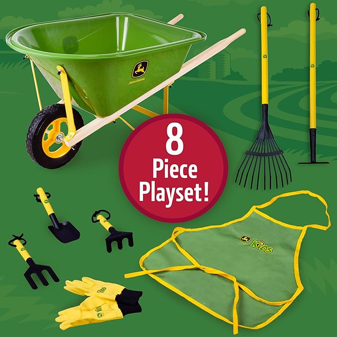 John Deere Deluxe 34" Wheelbarrow and Garden Set Includes 5 Realistic Gardening Tools,Gardening Apron, Gardening Gloves, Large Metal Wheelbarrow with Wooden Handles, Outdoor Toy Ages 5+-CubbioJoy