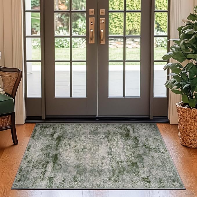 jinchan Green Floral 3x5 Area Rugs for Entryway - Machine Washable Vintage Distressed Design Low-Pile Soft Non-Shedding Carpet for Kitchen Bedside Laundry Living Room (3x5ft, Forest Green)-CubbioJoy