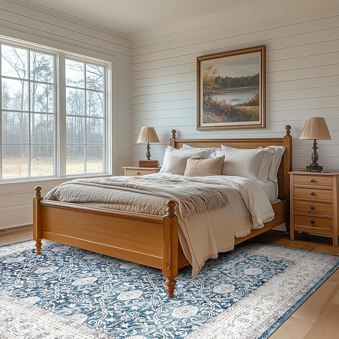 jinchan Floral 6x9 Area Rugs for Living Room - Machine Washable Vintage Distressed Boho Design Throw Rug Stain Resistant Carpet Low-Pile Thin Non-Slip for Bedroom Dining Room Nursery (6‘x9',Dark Blue)-CubbioJoy