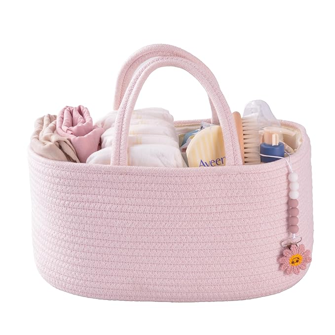 Baby Diaper Caddy Organizer for Girl Boy Rope Nursery Storage Bin Basket Portable Holder Tote Bag for Changing Table Car Travel Baby Shower Gifts Newborn Essentials Registry Must Have Items Pink-CubbioJoy