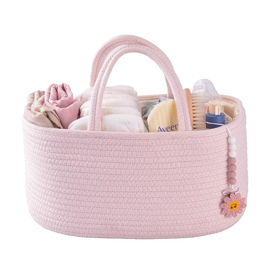 Baby Diaper Caddy Organizer for Girl Boy Rope Nursery Storage Bin Basket Portable Holder Tote Bag for Changing Table Car Travel Baby Shower Gifts Newborn Essentials Registry Must Have Items Pink-CubbioJoy