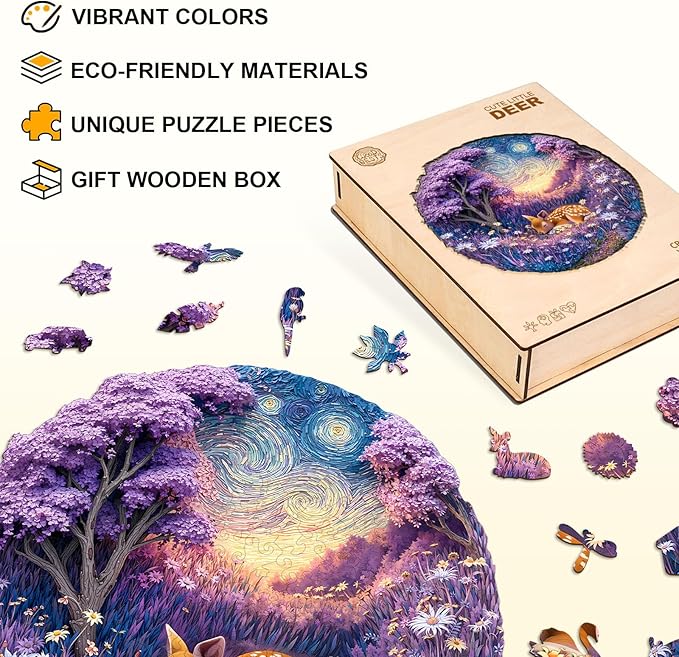 Jigfoxy Wooden Puzzles for Adults, Starry Night Fawn Wood Puzzles Adult, Unique Animal Shape Wooden Jigsaw Puzzles for Adults, Birthday Gifts for Puzzle Lovers, Family, Friend (S-8.5 * 8.5in-100pcs)-CubbioJoy