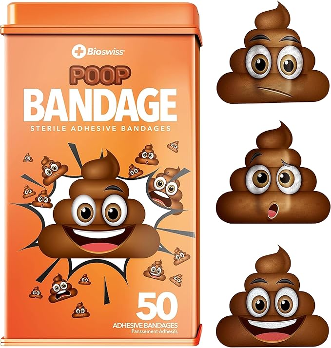 BioSwiss Bandages, Poop Shaped Self Adhesive Bandage, Latex Free Sterile Wound Care, Fun First Aid Kit Supplies for Kids, 50 Count-CubbioJoy