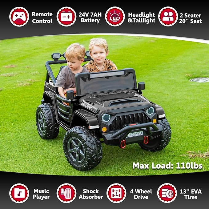 24V 2 Seater Ride On Truck with Remote Control 4WD Electric Car for Kids Ride On Car Battery Powered Ride On Toy Car with Music Player, LED Lights, Bluetooth, Rear Shock Absorber, Black-CubbioJoy