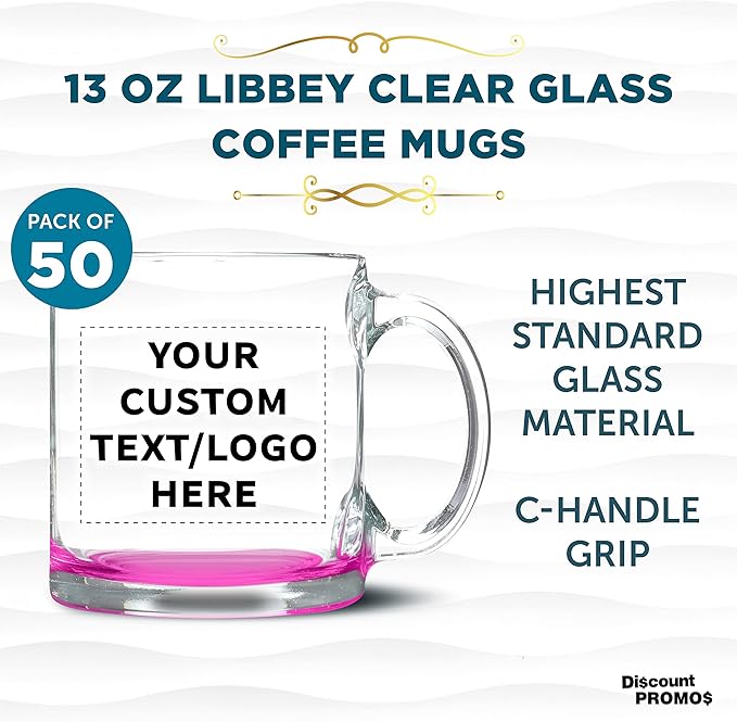 Custom Libbey Clear Glass Coffee Mugs 13 oz. Set of 50, Personalized Bulk Pack - Perfect for Coffee, Tea, Espresso, Hot Cocoa, Other Beverages - Pink Bottom-CubbioJoy