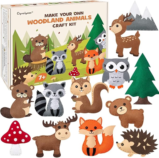 CiyvoLyeen Woodland Animals Craft Kit Kids DIY Crafting and Sewing Set Woodland Animals Felt Plushie for Girls and Boys Educational Beginners Sewing Set Sewing Kits for Kids Age 8 9 10 11 12-CubbioJoy