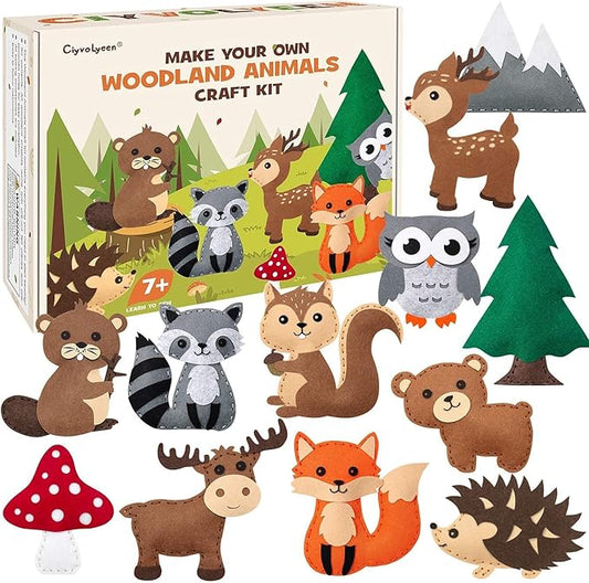CiyvoLyeen Woodland Animals Craft Kit Kids DIY Crafting and Sewing Set Woodland Animals Felt Plushie for Girls and Boys Educational Beginners Sewing Set Sewing Kits for Kids Age 8 9 10 11 12-CubbioJoy