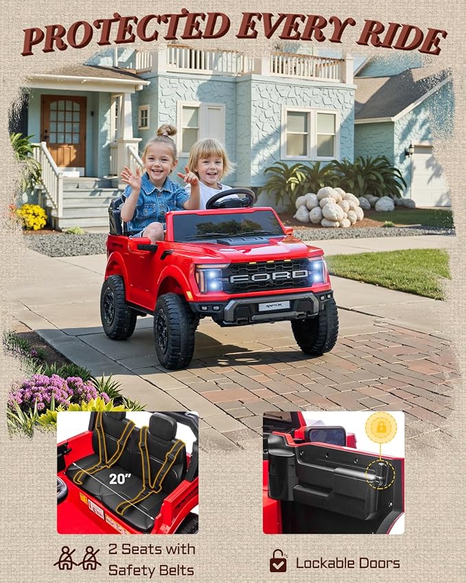 24V 2 Seater Ride on Toys for Kids, Licensed Ford F-150 Raptor Kids Electric Vehicles w/Remote Control, Power Pedal and Durable Wheels, LED Lights, Bluetooth, Truck Bed Storage (Red)-CubbioJoy