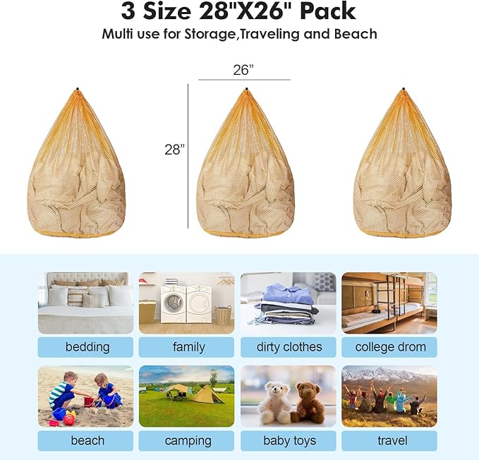 3Pcs Mesh Laundry Bags Washing Machine Mesh Wash Bags Jumbo for Delicates Clothes,Bed Linen,Toys with Drawstring Closure Sturdy(3 XXLarge 28 x 26 Inches, Yellow)-CubbioJoy