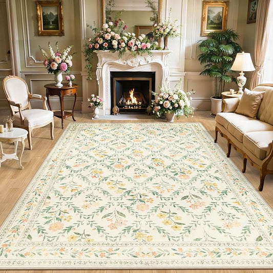 8x10 Area Rugs for Living Room: Floral Washable Rug Vintage Large Soft Boho Non-Slip Carpet Indoor Floor Stain Resistant Carpets for Bedroom Dining Room Farmhouse Nursery Home Office Beige/Multi-CubbioJoy