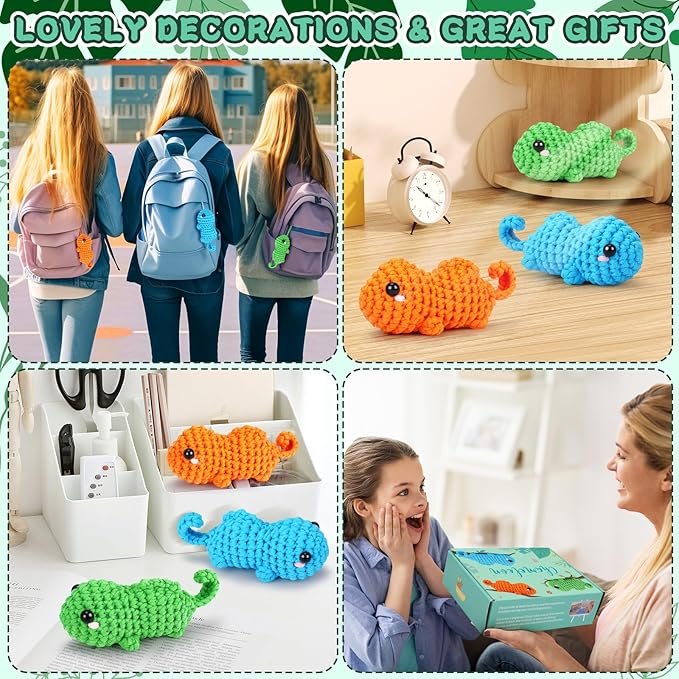 Crochet Kit for Beginners - 3 PCS Baby Chameleon Crochet Kits with Step-by-Step Video Tutorials, Beginner Crochet Kit for Adults Kids, Chameleon Crocheting Set (Orange&Blue&Green)-CubbioJoy