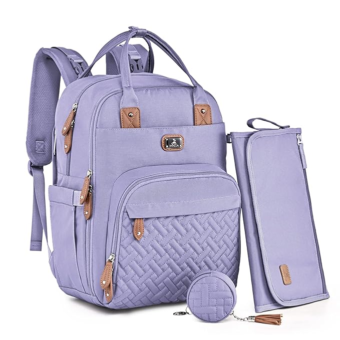 Dikaslon Diaper Bag Backpack with Portable Changing Pad, Pacifier Case and Stroller Straps, Large Unisex Baby Bags for Boys Girls, Multipurpose Travel Back Pack Moms Dads, Taro Purple-CubbioJoy