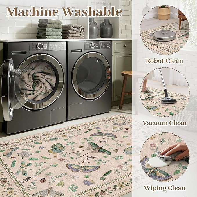 8x10 Area Rugs with Insect Print - Bug Rug Non-Shedding Stain Resistant Soft Carpet for Bedroom, Low Pile Ultra-Thin Machine Washable Carpet for Dining Room, Kids Nursery, Office (8'x10' Beige)-CubbioJoy