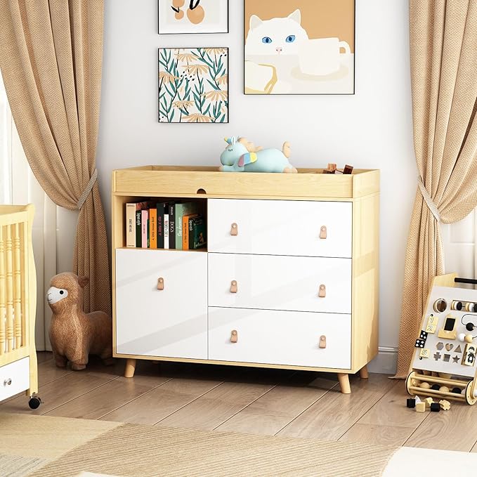 Baby Dresser Changing Table with Drawers,Shelf,Hidden Laundry Basket Storage,2 in 1 Nursery Dresser Chest for Infants, Baby Diaper Changing Station for Daycare,Bedroom,Natural-CubbioJoy