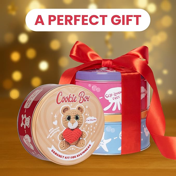 Cookie Box Crochet Kit for Beginners - Learn to Craft Amigurumi Stuffed Animals - Knitting Gift for Kids and Adults - Beginner-Friendly Yarn - Stitch-by-Stitch Video Tutorial - Bear Charlie-CubbioJoy