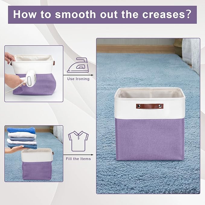 13x13 Cube Storage Bins, Collapsible Fabric Storage Box, 4 Pack Closet Baskets with Handles for Organizing, Shelf, Toys, Clothes, Home, Office, Nursery (Purple&White)-CubbioJoy