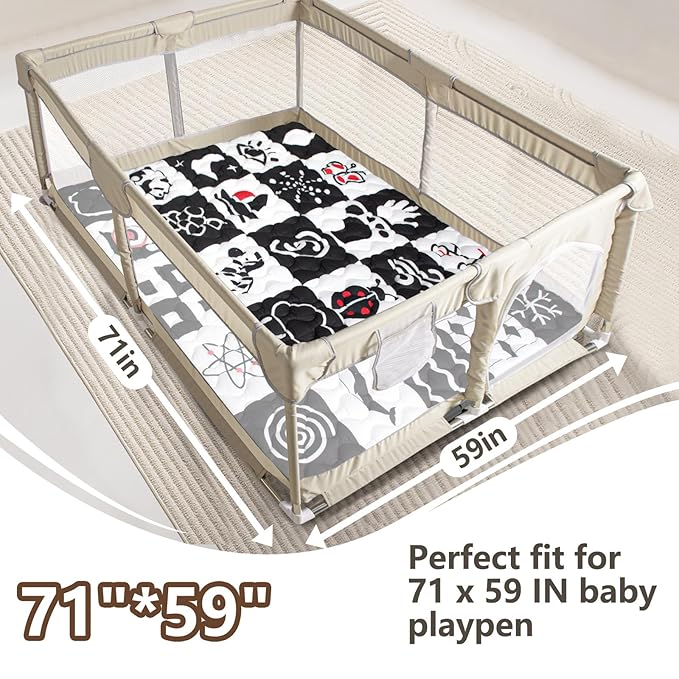 Baby Play Mats for Floor, 71”x59” Upgraded Thickness & Larger Super Soft Playmat for Babies and Toddlers, Foldable Washable, Upgrade Anti-Slip Crawling Mat for Playpen(High Contrast)-CubbioJoy