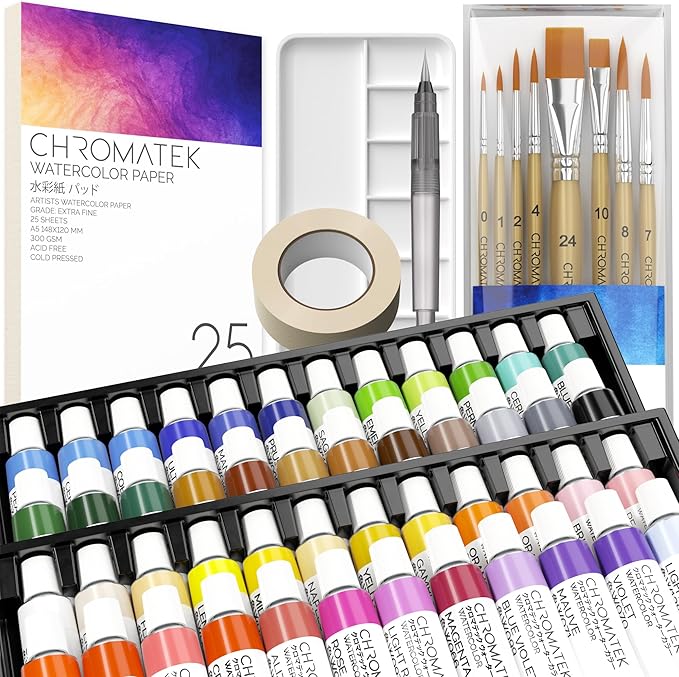 CHROMATEK Watercolor Paint Set - 84 Piece Kit for Adults, Beginner & Professional Artists - 48 Tubes (12ml), 25 Page Sketch Paper Pad, 8 Painting Brushes, Aquapen, Palette, Masking Tape - Art Supplies-CubbioJoy