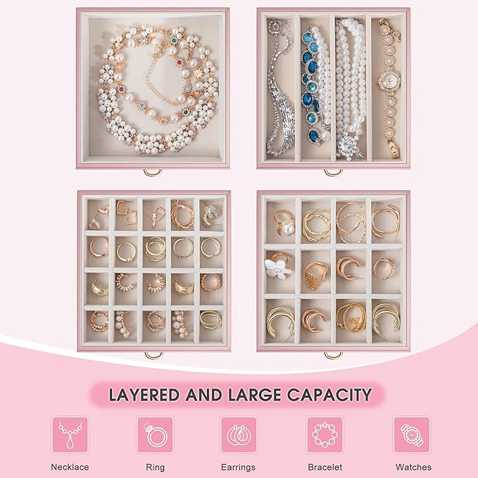 5-Layer Jewelry Box with 4 Drawers, Huge Portable Jewelry Organizer with Lock and Mirror for Women, for Necklace Ring Earring Bracelet Storage, Lockable Jewelry Case, Pink-CubbioJoy