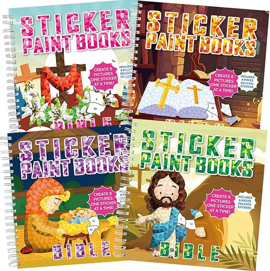 4Pcs Bible Paint by Sticker Books Sticker by Number Books Activity Book Stickers Puzzle Book Christian Craft Art Gift Set Party Favor with Jesus Bible Cross 32 Pictures-CubbioJoy