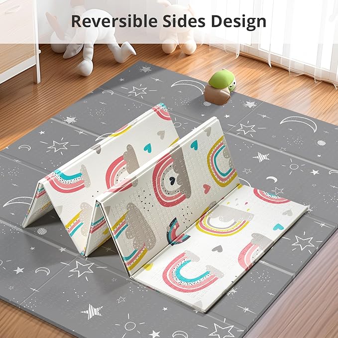 79 x 71 Baby Play Mats for Floor, Foldable Foam Play Mat for Babies 0-12 months,Thick & Waterproof Playmate for Baby, Non Toxic Baby Tummy Time Activity Playmat, Reversible Playpen Mat for Infant Toddlers-CubbioJoy