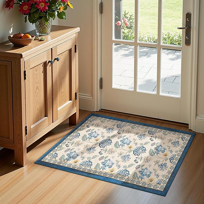 jinchan 2x3 Floral Rug for Entryway Washable Kitchen Rug Vintage Romance Design Small Mat Non Slip Indoor Doormat Lightweight Low-Profile Throw Carpet for Entrance Bathroom Laundry Room, Blue/Beige-CubbioJoy