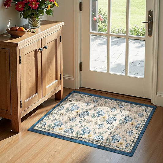 jinchan 2x3 Floral Rug for Entryway Washable Kitchen Rug Vintage Romance Design Small Mat Non Slip Indoor Doormat Lightweight Low-Profile Throw Carpet for Entrance Bathroom Laundry Room, Blue/Beige-CubbioJoy